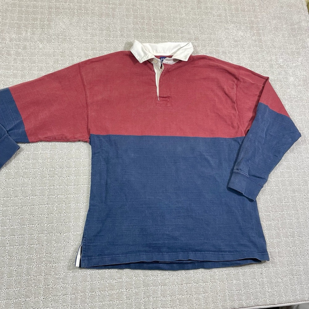 Vintage 90s Gap Long Sleeve Rugby Shirt Size XL Collard Red Navy Colorblock - Picture 2 of 6